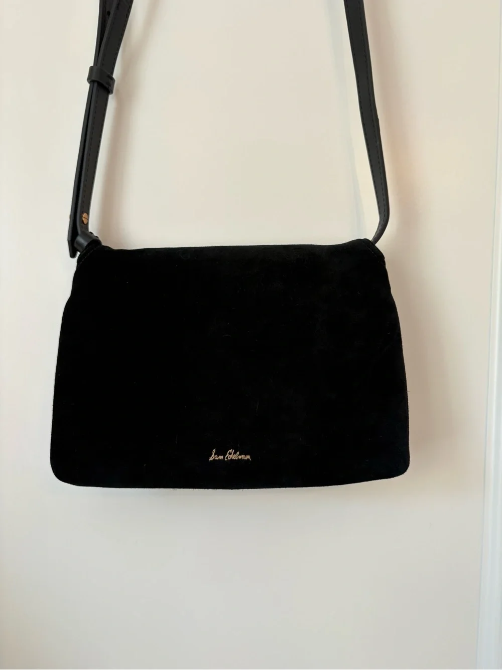 Sam Edelman Black Suede Shoulder Bag Gold Hardware Adjustable Strap